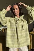 Ophelia Plaid Tie Neck Blouse Soft Lime